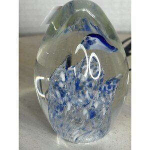Handcrafted Glass Paperweight With Blue Fish & White Accents